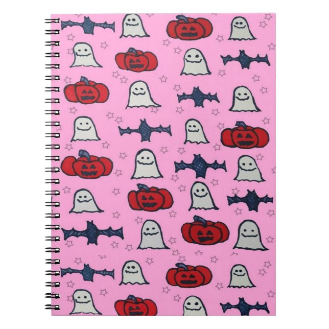 Pink Halloween Ghosts, Bats, and Jack o Lanterns  Notebook (Front)