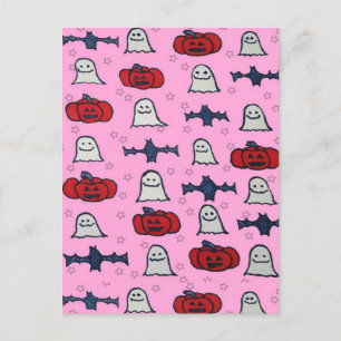Pink Halloween Ghosts, Bats, and Jack o Lanterns Postcard