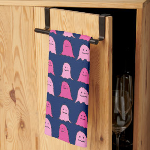 Pink Halloween Ghosts on Dark Blue Tea Towel