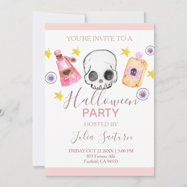 Pink Halloween kid party invitation (Front)