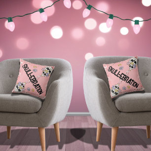 Pink Halloween Pillow and Spooky Cute Floral Skull