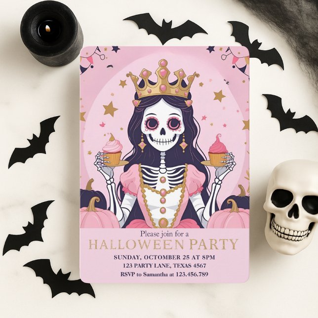 Pink Halloween Princess Skeleton Party Holiday Card (Creator Uploaded)