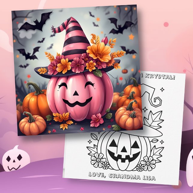 Pink Halloween Pumpkin & Colouring Page Personalis Card (Creator Uploaded)