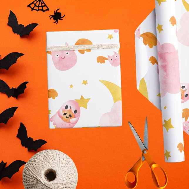 Pink halloween pumpkin ghost and cute bats wrapping paper (Pink ghosts with bat friends for special halloween birthdays)