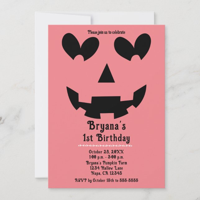 Pink Halloween Pumpkin Heart Eyes Birthday Party Invitation (Front)
