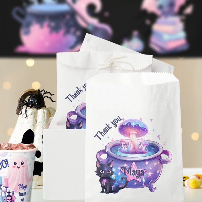 Pink halloween purple cat magical cauldron favour bags (Magical halloween cauldron with bewitched cat favor bags)