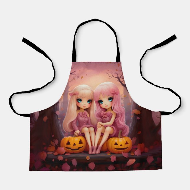 Pink Halloween sister twin girls in the park Apron (Front)