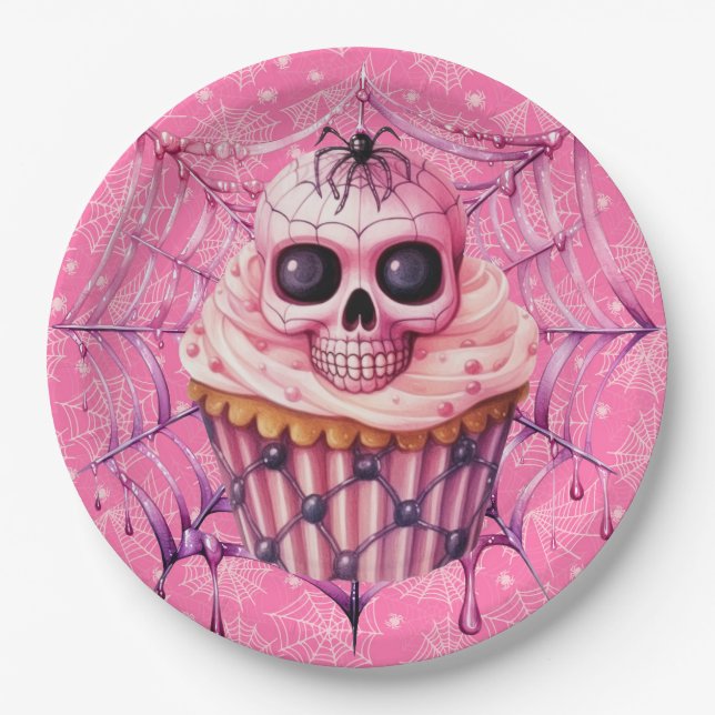 Pink Halloween Spider Webs  Paper Plate (Front)