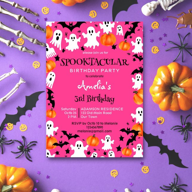 Pink Halloween spooky spooktacular birthday party Invitation (Pink Halloween spooktacular birthday party editable template invitation digital download ghosts bats)