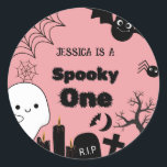 Pink Halloween Sppoky One First Birthday party Classic Round Sticker<br><div class="desc">Spooky one sticker halloween gift tag!" This is ideal for an October birthday or a spooky party. The template is ready for you to modify,  and there are related things in my store,  under the eerie Halloween collection.</div>