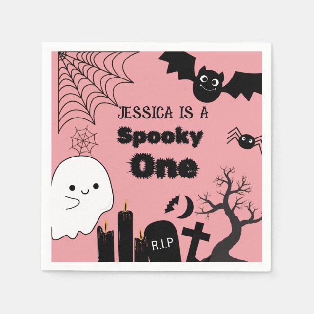 Pink Halloween Sppoky One First Birthday party Napkin (Front)