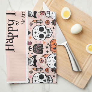 Pink Halloween Trick or Treat Custom Family Name Tea Towel