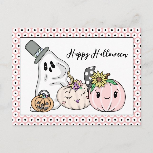 Pink Halloween Whimsical Pumpkins and Boo   Postcard (Front)