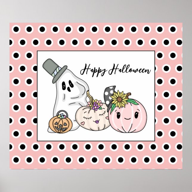 Pink Halloween Whimsical Pumpkins and Boo    Poster (Front)