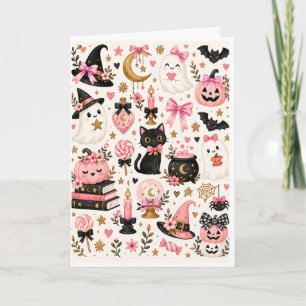 Pink Halloween Witchy Cute Ghosts Black Cat Pumpki Card