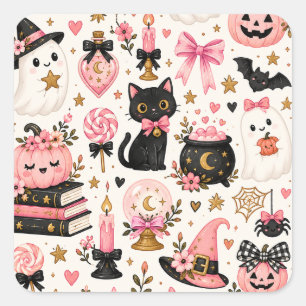 Pink Halloween Witchy Cute Ghosts Black Cat Pumpki Square Sticker