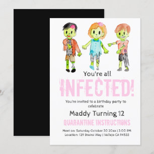Pink Halloween zombie birthday party invite