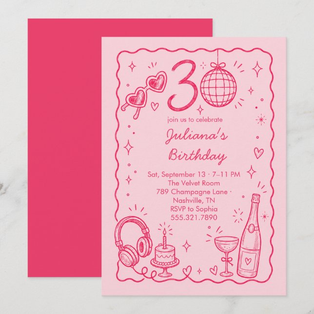 Pink Hand Drawn 30 Birthday Celebration  Invitation (Front/Back)