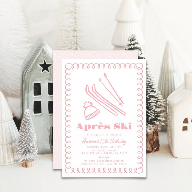 Pink Hand-Drawn Après Ski Winter Birthday Invitation (Creator Uploaded)