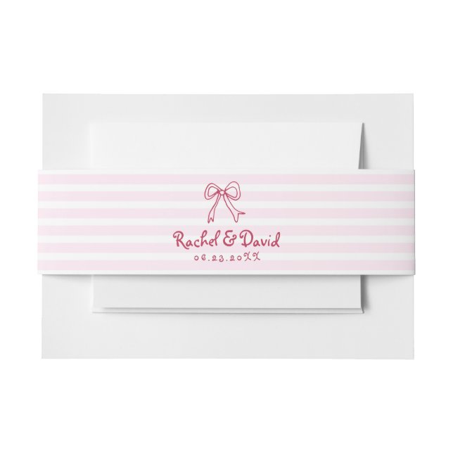 Pink hand drawn bow and stripes scribble wedding invitation belly band (Front Example)