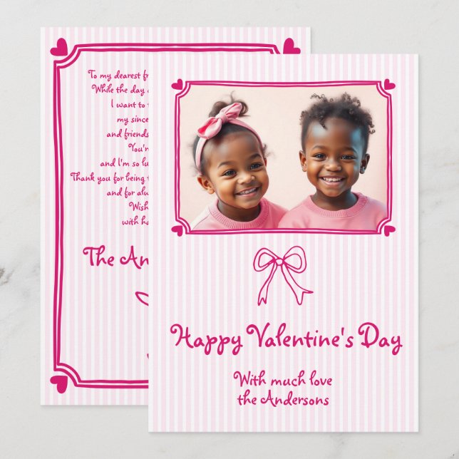 Pink hand drawn bow Valentine's Day photo  Holiday Card (Front/Back)