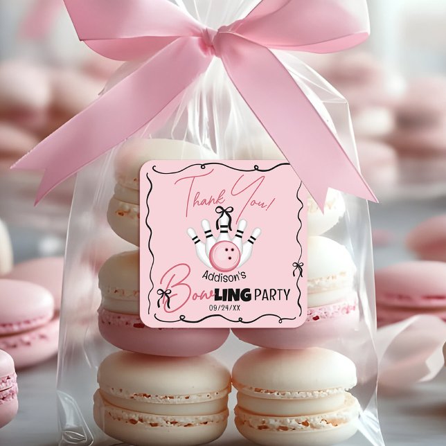 Pink Hand Drawn BOWling Bows Birthday Party Favor Square Sticker (Cute funny BOWling theme girly coquette bows hand drawn pink black and white birthday party stickers)