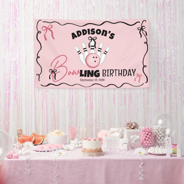 Pink Hand Drawn BOWling Bows Girl Birthday Party Banner (Party)