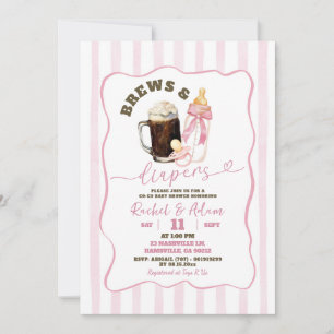 Pink Hand Drawn Brews & Diapers Girl Baby Shower Invitation