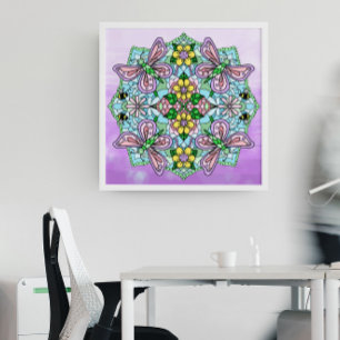 Pink Hand Drawn Butterfly, Flowers Mandala Poster