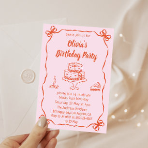 Pink Hand-Drawn Cake & Ribbon Border Birthday Invitation