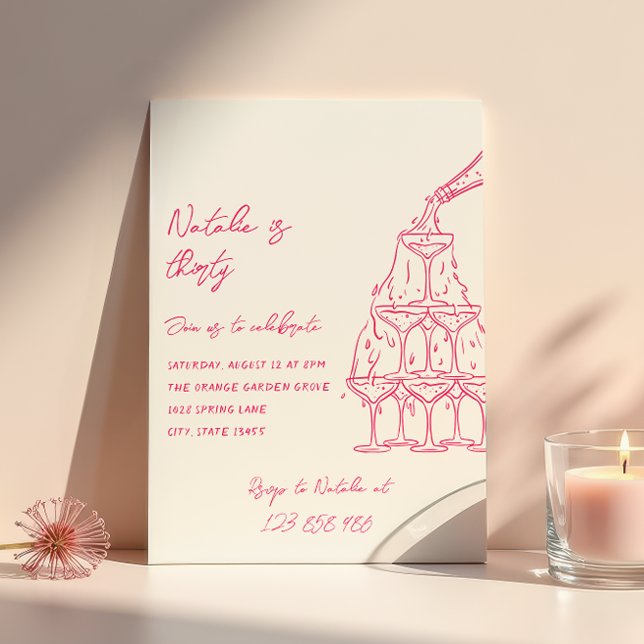 Pink Hand Drawn Champagne Tower Thirty Birthday  Invitation (Creator Uploaded)