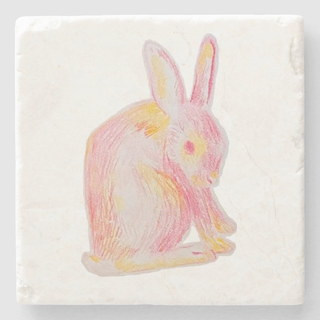 Pink Hand-drawn Cute Bunny Stone Coaster (Front)