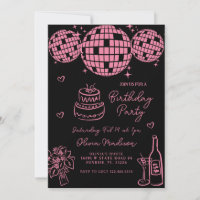 Pink Hand Drawn Disco Ball Champagne Birthday