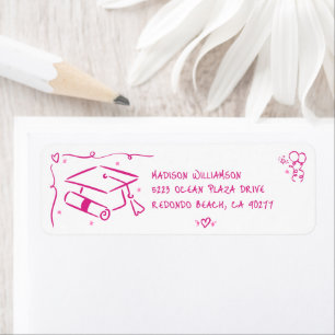 Pink Hand Drawn Doodles Graduate Cap White Address