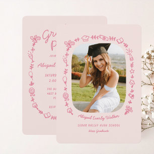 Pink Hand Drawn Doodles Photo Grad Invitation