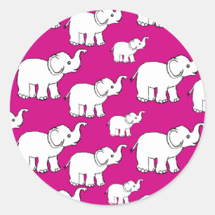 Pink Hand Drawn Elephant Pattern Elephant Cartoon Classic Round Sticker