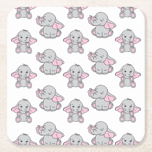 Pink Hand Drawn Elephant Pattern Elephant Cartoon Square Paper Coaster (Front)