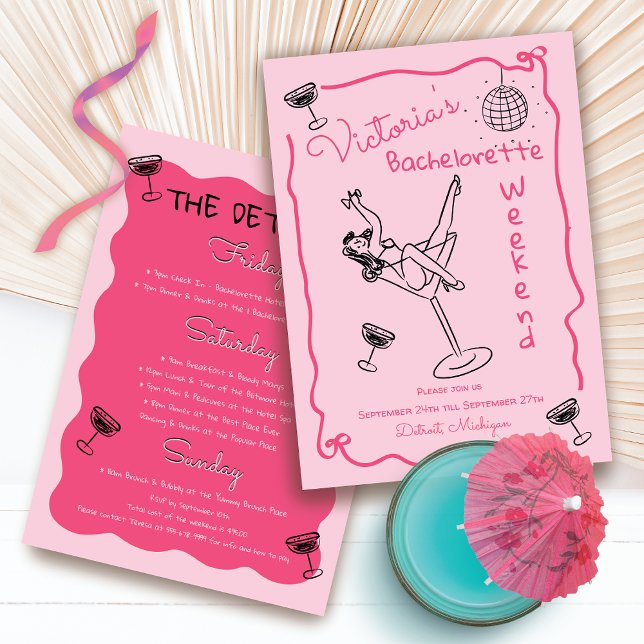 Pink Hand drawn Funky Bachelorette Weekend Invitation (Creator Uploaded)