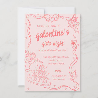 Pink Hand Drawn Galentine's Girls Night Party Invitation