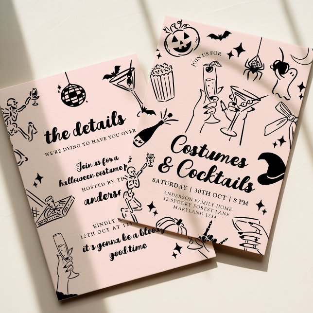 Pink Hand Drawn Halloween Costume Party Invitation (Creator Uploaded)