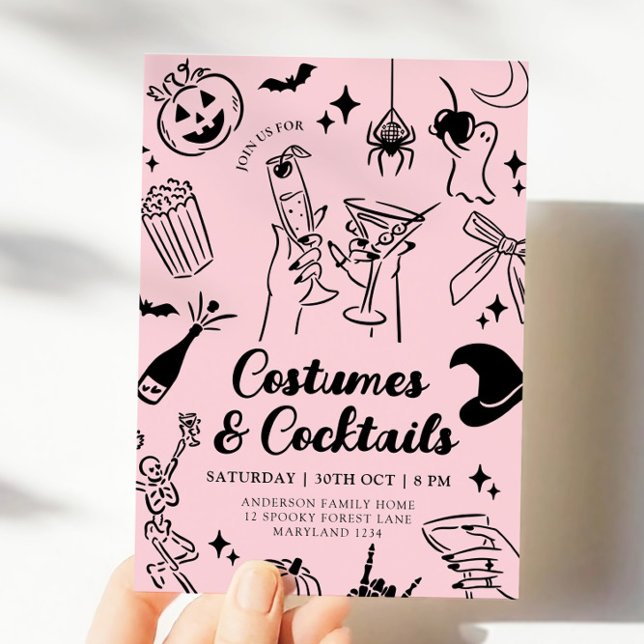 Pink Hand Drawn Halloween Costume Party Invitation (Creator Uploaded)