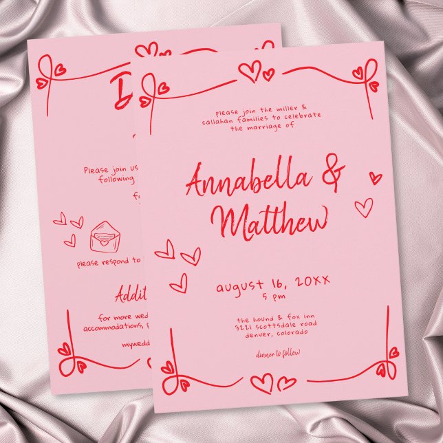 Pink Hand Drawn Heart Whimsical Modern Wedding  Invitation (Pink Hand Drawn Heart Whimsical Modern Wedding Invitation)