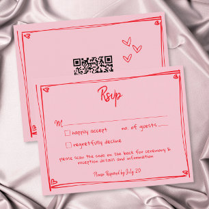 Pink Hand Drawn Heart Whimsical Modern Wedding QR RSVP Card