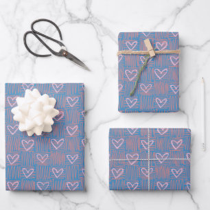 Pink Hand-Drawn Hearts Pattern on Blue Wrapping Paper Sheet