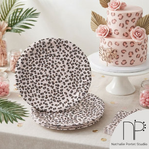 Pink Hand-Drawn Leopard Print Paper Plate