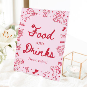 Pink Hand Drawn Modern Valentine Food and Drinks Pedestal Sign