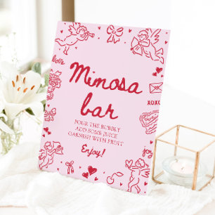 Pink Hand Drawn Modern Valentine Mimosa Bar Pedestal Sign