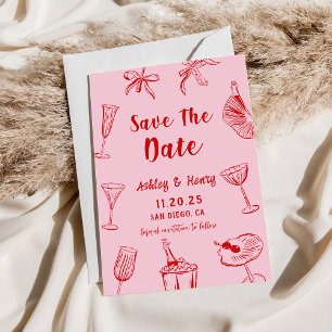 Pink Hand Drawn Quirky Wedding Save The Date Invitation