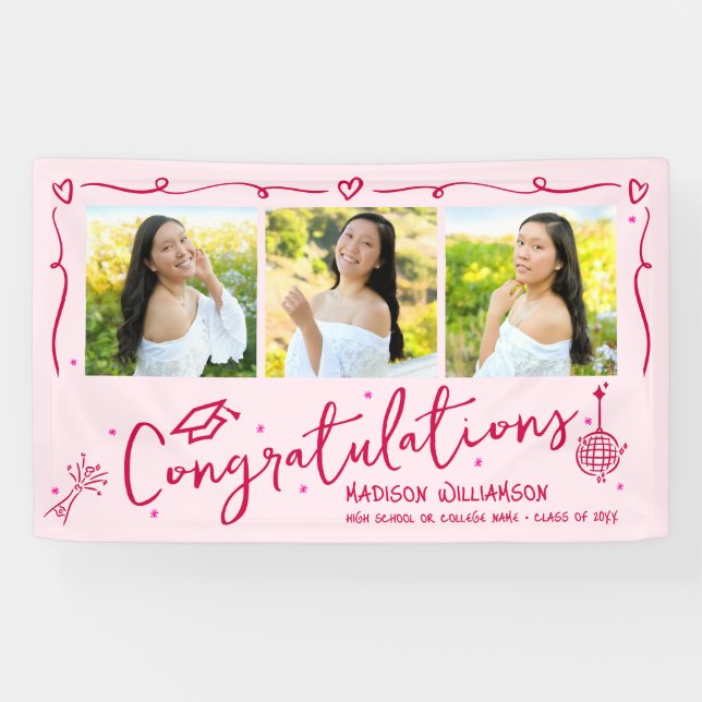 Pink Hand Drawn Red Doodles Graduation 3 Photo Fun Banner (Horizontal)