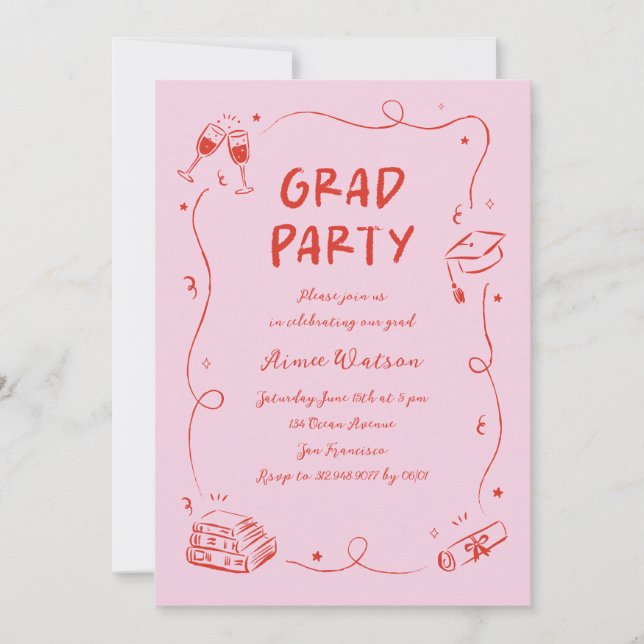 Pink Hand-Drawn Scribble Doodles Graduation Party  Invitation (Front)